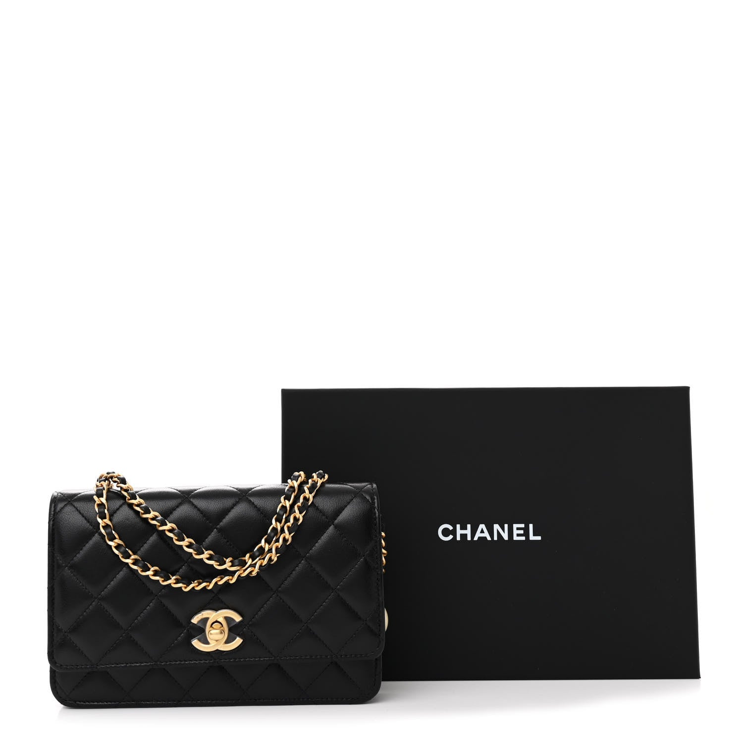 Chanel Lambskin Quilted CC Pearl Wallet on Chain WOC Black 12 of 12