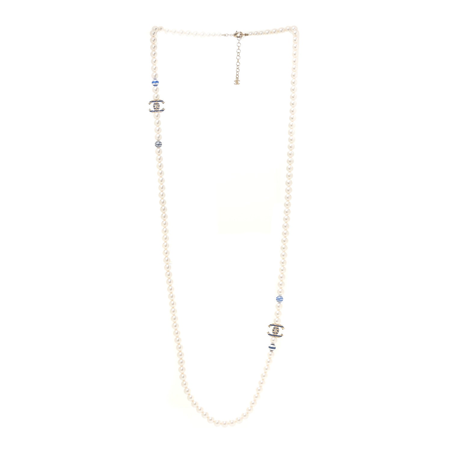 Chanel Resin Pearl Striped CC Long Necklace Blue Gold 3 of 4