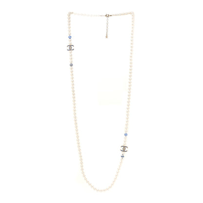 Chanel Resin Pearl Striped CC Long Necklace Blue Gold 3 of 4