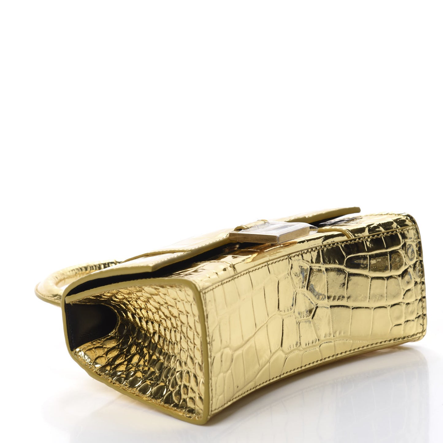 Metallic Calfskin Crocodile Embossed Hourglass Top Handle Bag XS Gold