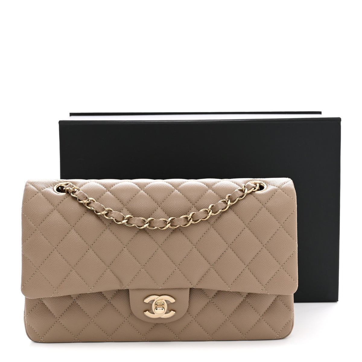 Caviar Quilted Medium Double Flap Dark Beige