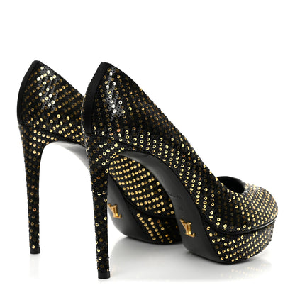Louis Vuitton Sequin Peep Toe Platform Pumps 39 Black Gold 5 of 11