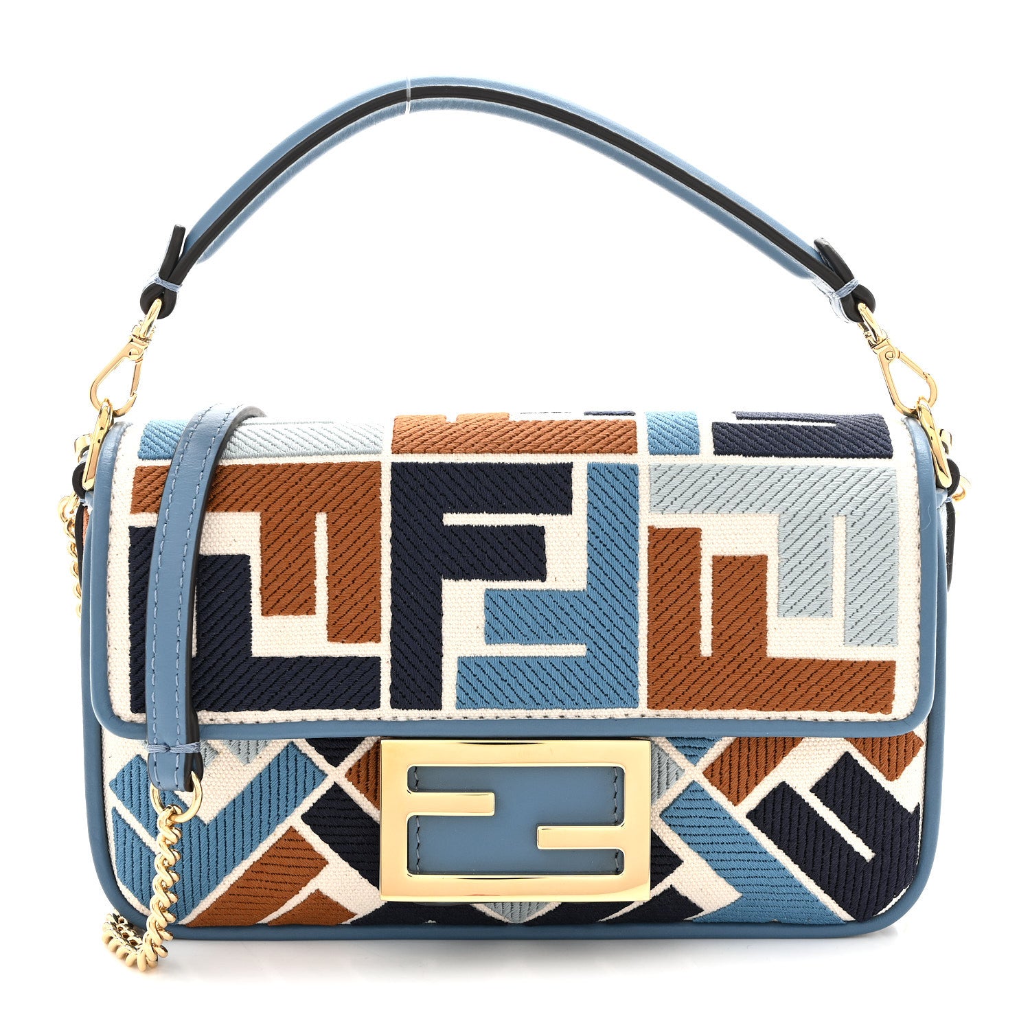 Fendi Canvas Vitello King Seta FF Embroidered Mini Baguette Blue Multicolor 8 of 10