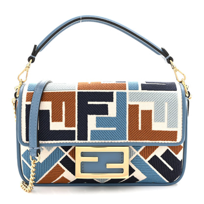Fendi Canvas Vitello King Seta FF Embroidered Mini Baguette Blue Multicolor 8 of 10