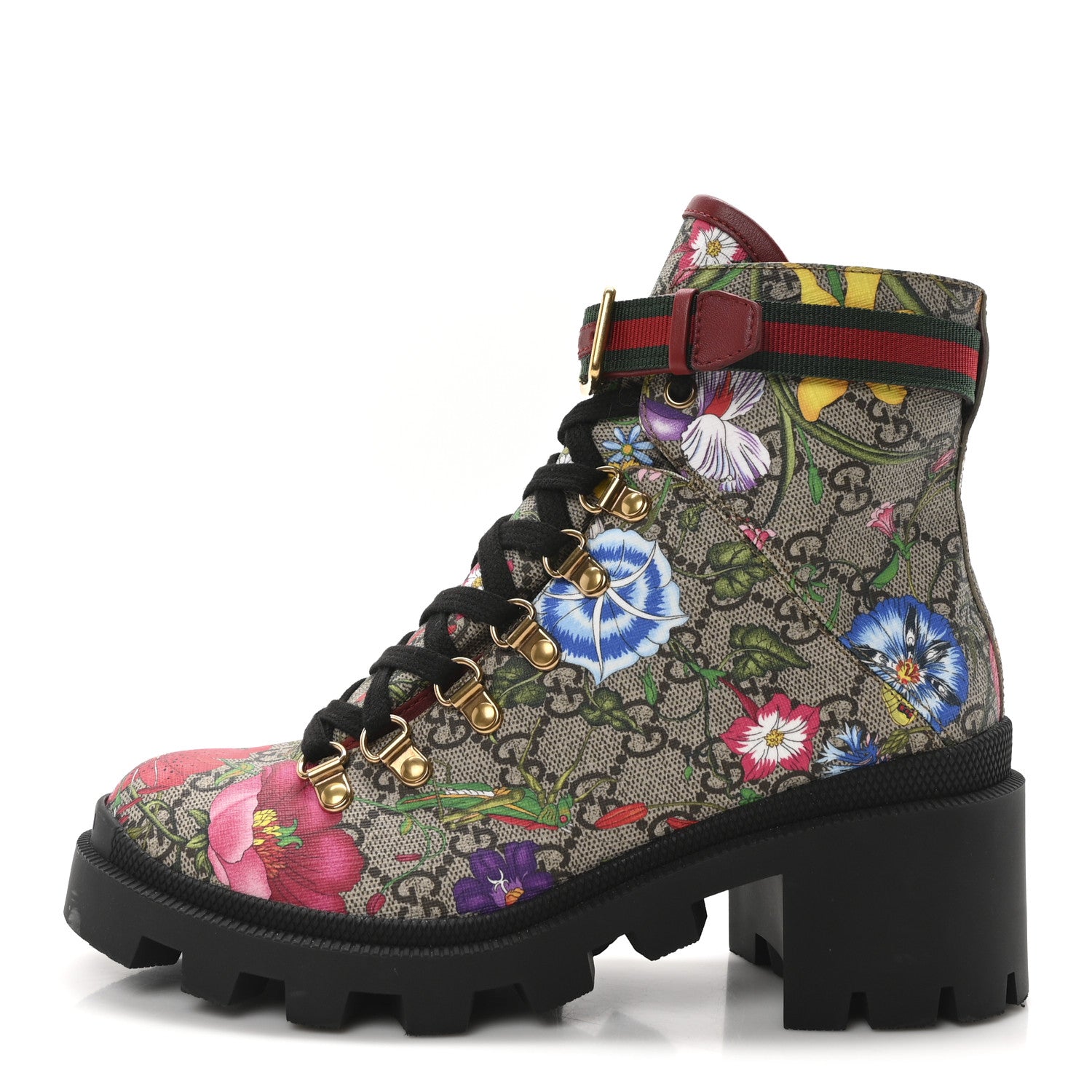 Gucci GG Supreme Monogram Flora Lace Up Combat Ankle Boots 37.5 Beige Multicolor Red 1 of 18