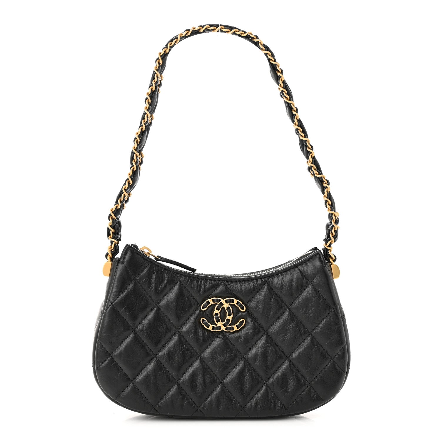 image of CHANEL Aged Calfskin Quilted Small Chanel 19 Hobo in the color Black by FASHIONPHILE
