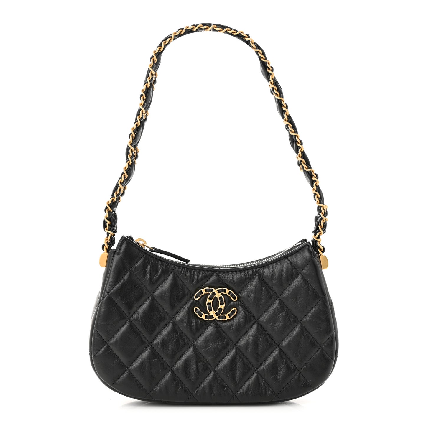 Crumpled Calfskin Quilted Braided CC Small Hobo Black