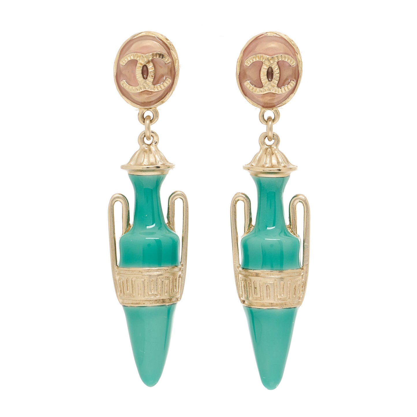 Metal Resin Ancient Greek Urn Drop Earrings Light Gold Turquoise
