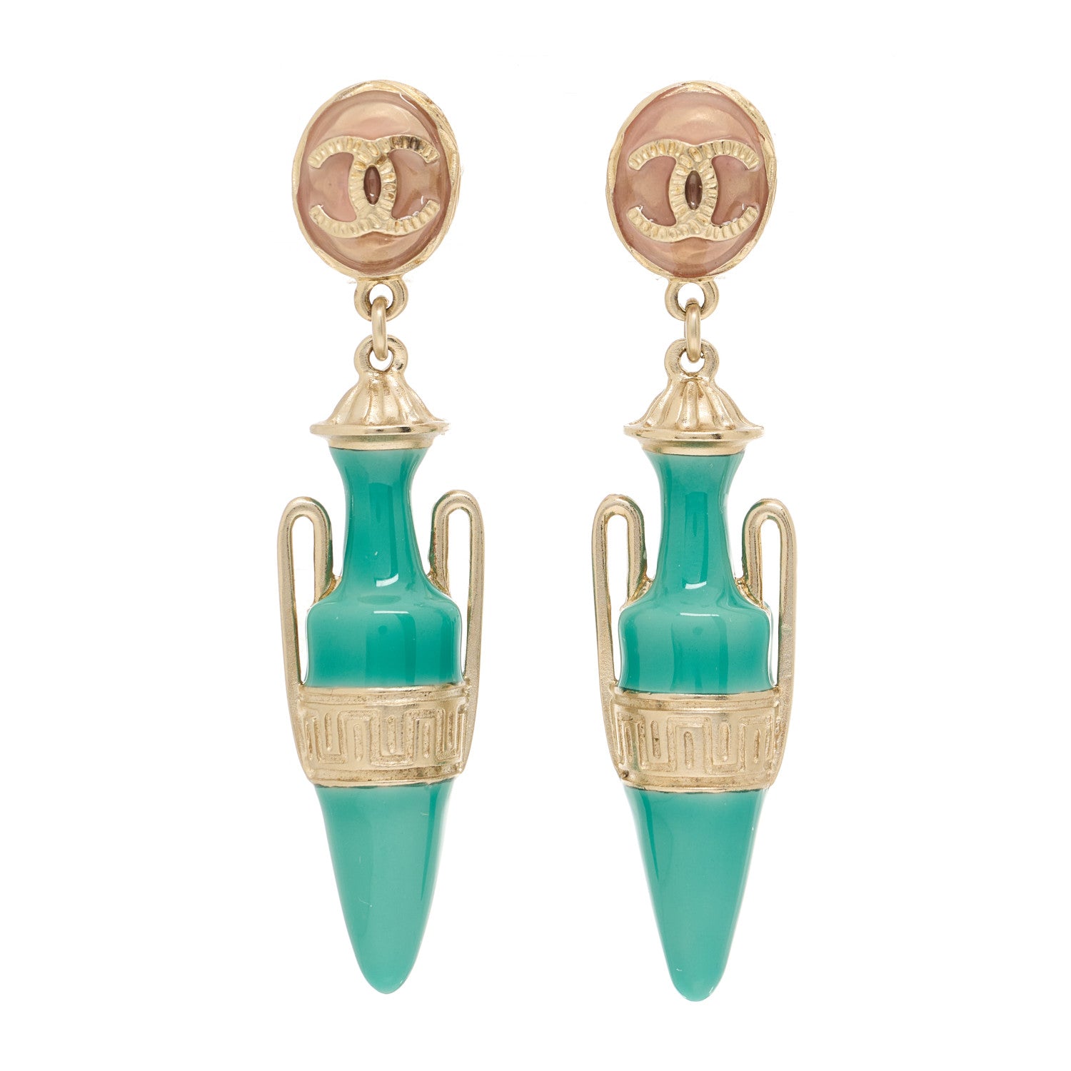Chanel Metal Resin Ancient Greek Urn Drop Earrings Light Gold Turquoise 1 of 4