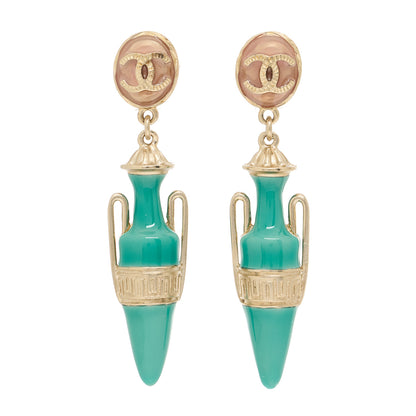 Chanel Metal Resin Ancient Greek Urn Drop Earrings Light Gold Turquoise 1 of 4