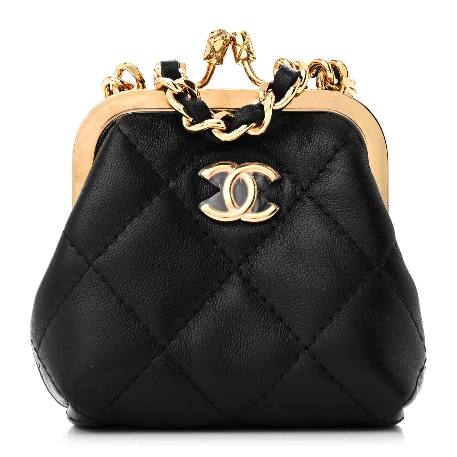 Chanel Lambskin Quilted Mini Kiss Lock Clutch With Chain Black 1 of 11