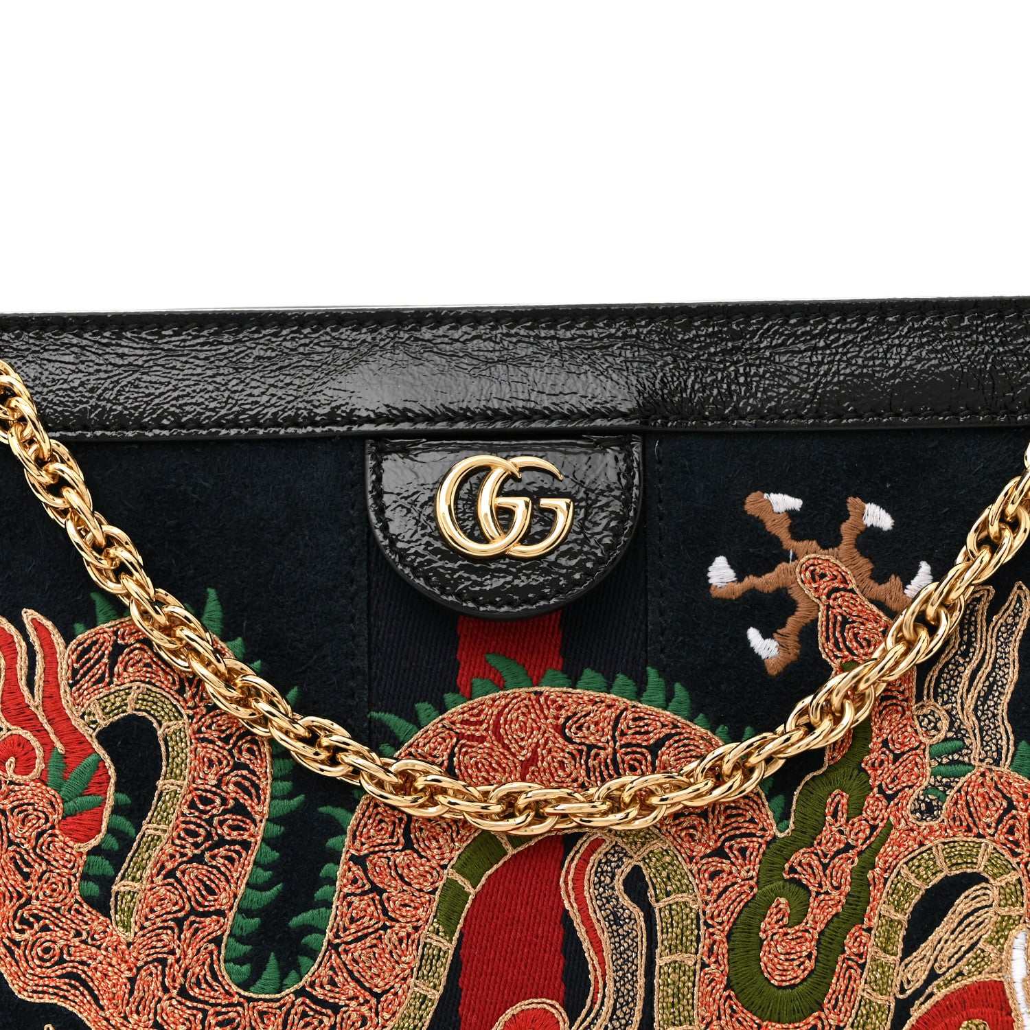 Gucci Suede Patent Web Dragon Embroidered Medium Ophidia Chain Shoulder Bag Blue Multicolor Black 15 of 21