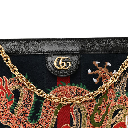 Gucci Suede Patent Web Dragon Embroidered Medium Ophidia Chain Shoulder Bag Blue Multicolor Black 15 of 21