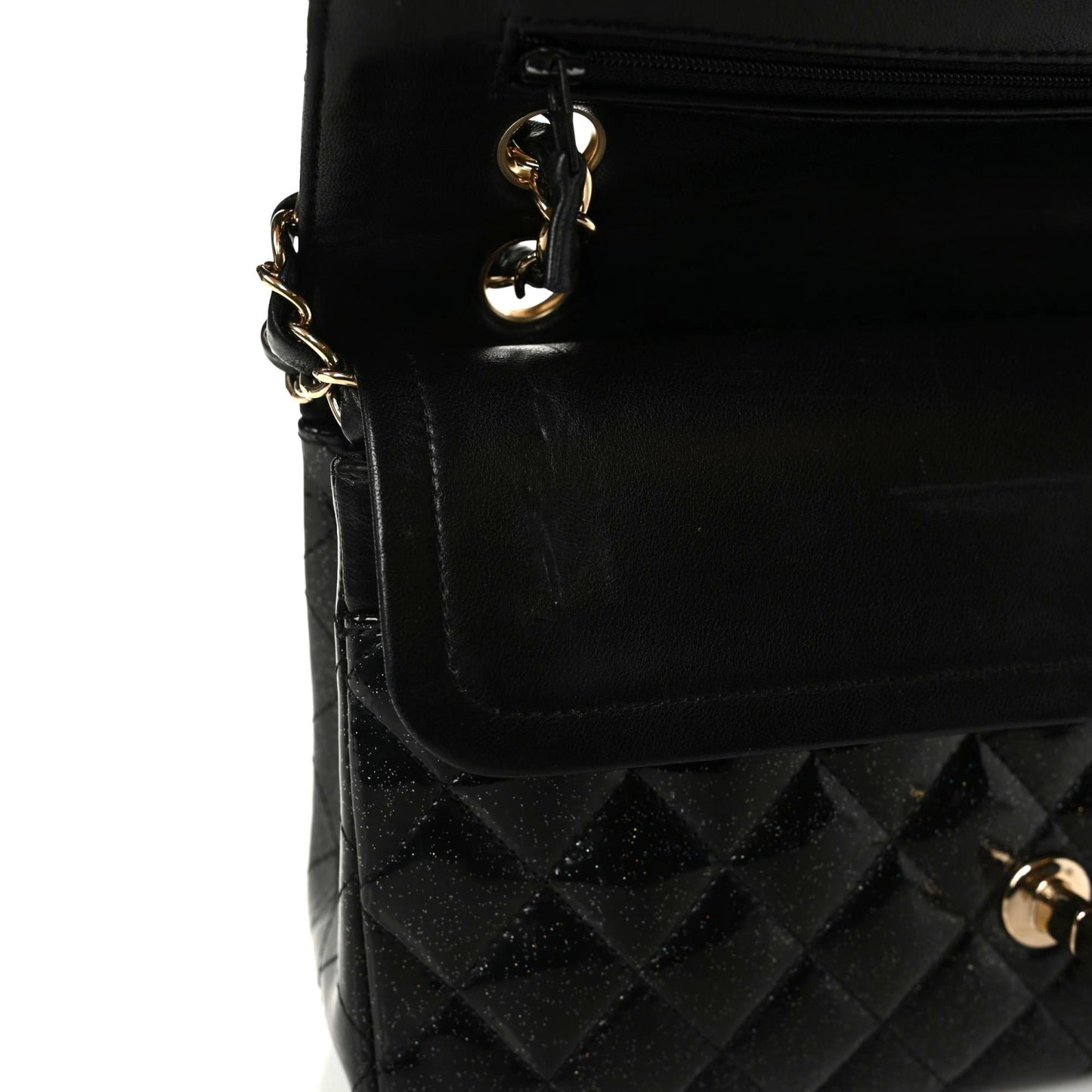 Patent Quilted Sparkle Glitter Medium Double Flap Black