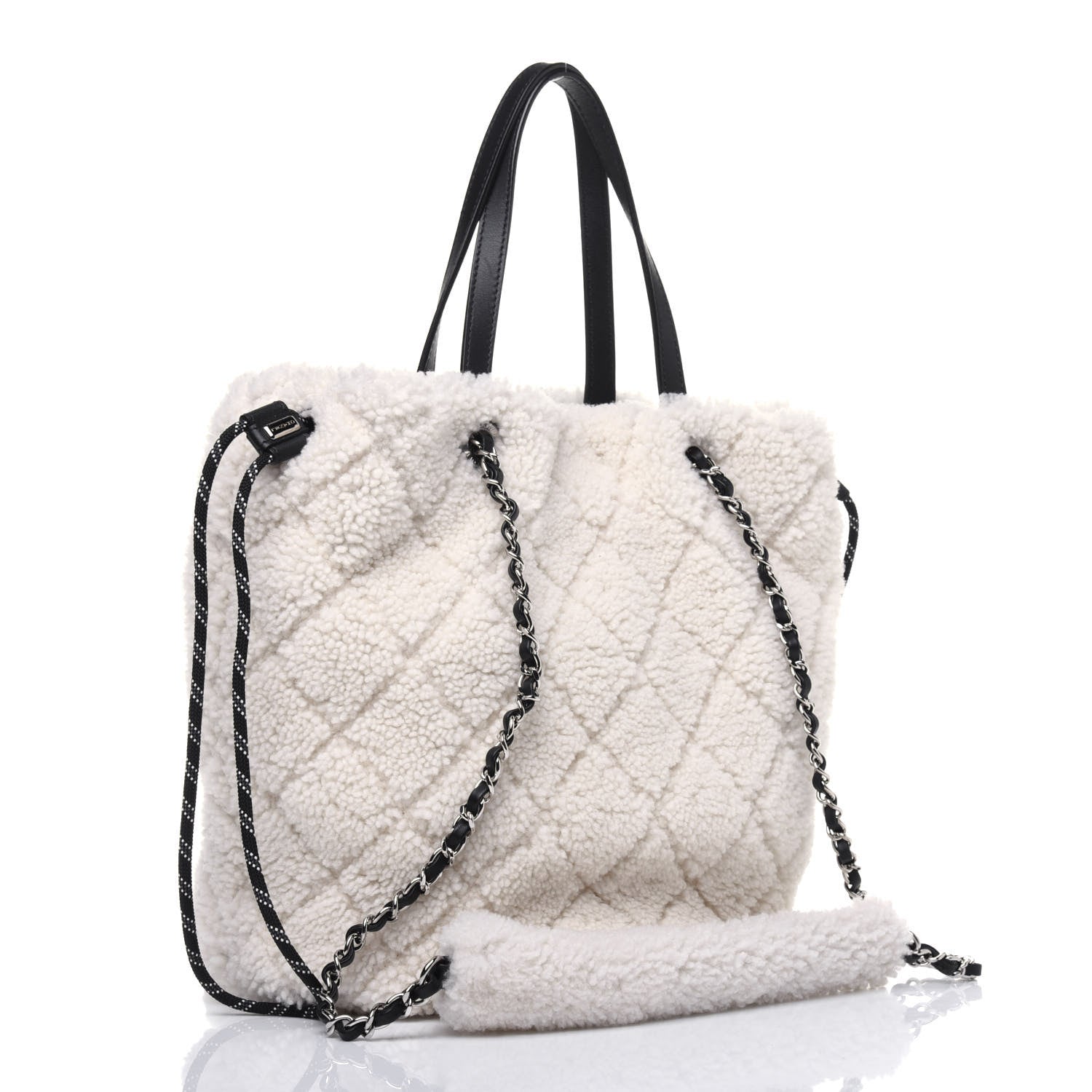 Chanel Shearling Sheepskin Tweed Large Coco Neige Tote White Black 4 of 11