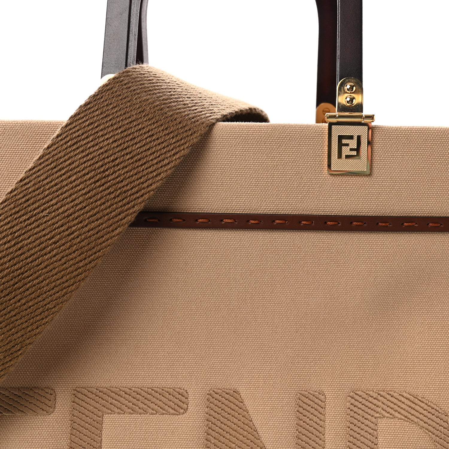 Fendi Canvas Vitello King Logo Embroidered Medium Fendi Sunshine Shopper Tote Sand Ghianda 7 of 9