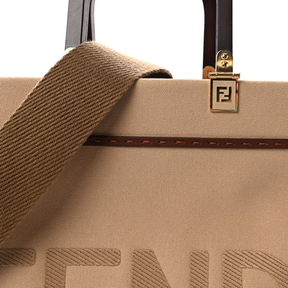 Fendi Canvas Vitello King Logo Embroidered Medium Fendi Sunshine Shopper Tote Sand Ghianda 7 of 9