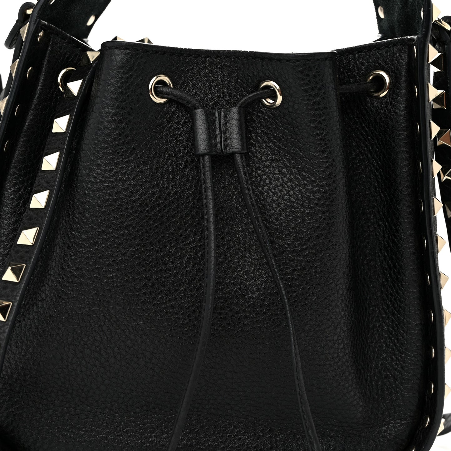Grained Calfskin Rockstud Bucket Bag Black