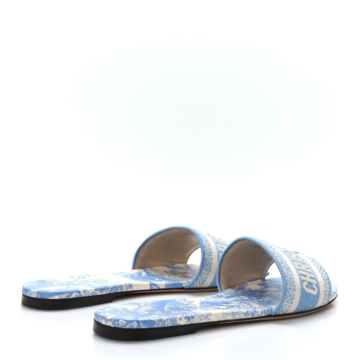 Canvas Toile De Jouy Embroidered Dway Flat Slide Sandals 40 Cornflower