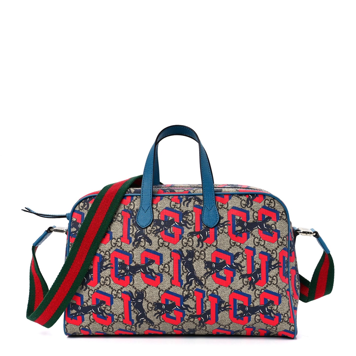 GG Supreme Monogram Wolves Print Childrens Shoulder Bag Beige Red