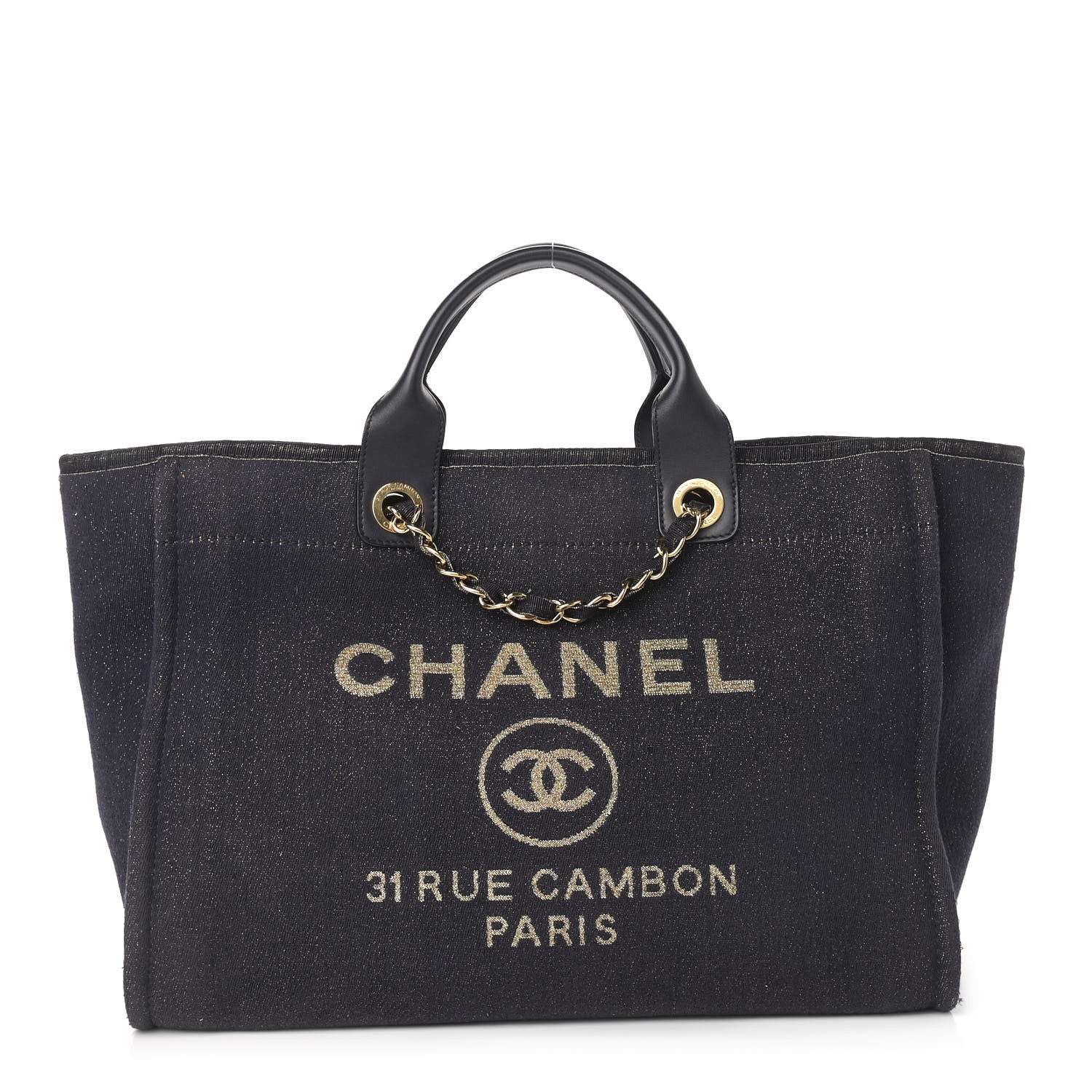 Chanel Lurex Canvas Medium Deauville Tote Navy Blue Gold 1 of 10