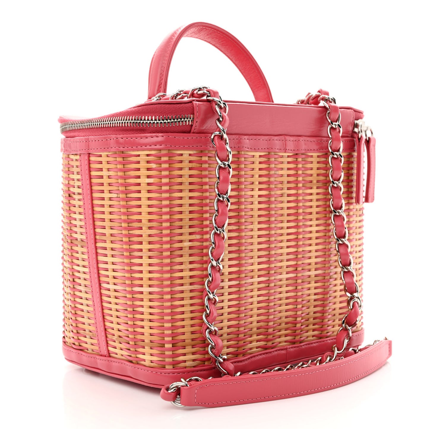 Glazed Calfskin Raffia Vanity Case Bag Pink