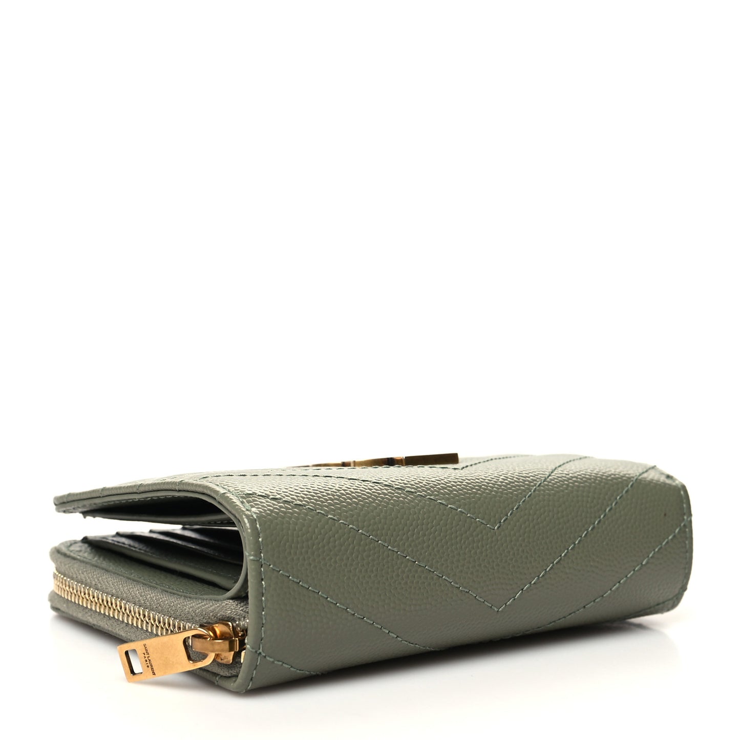 Grain De Poudre Matelasse Chevron Monogram Compact Zip Around Wallet Vert Kaki