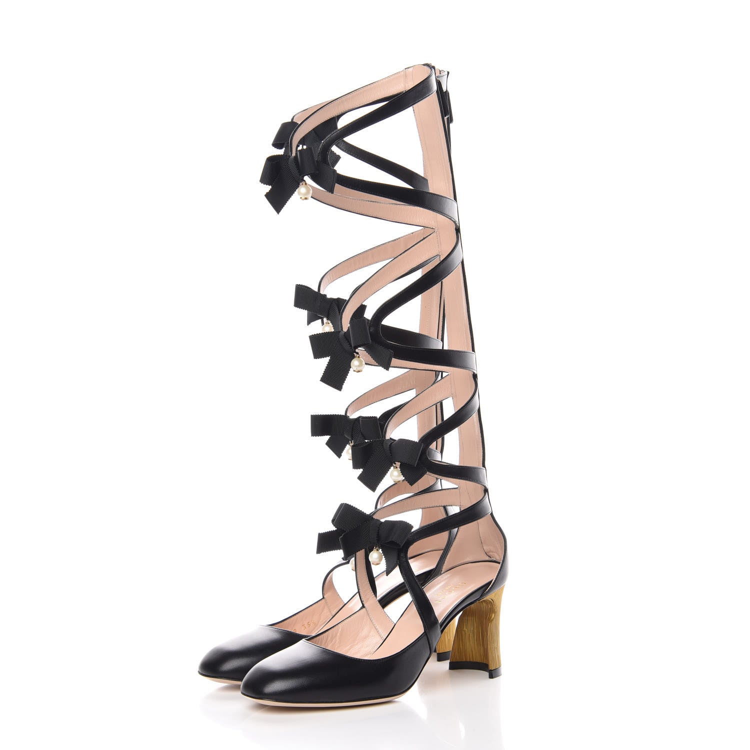 Gucci Malaga Kid Pebbles Lace Up Gladiator Knee High Boots 35.5 Black 3 of 9