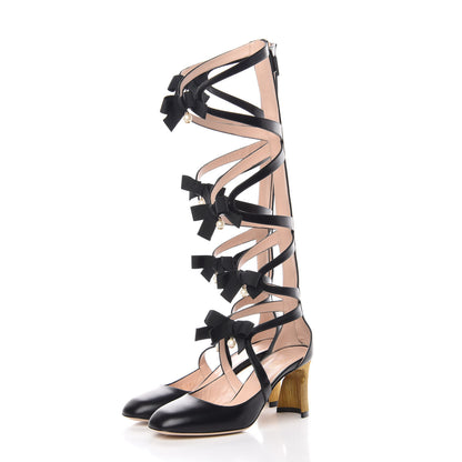 Gucci Malaga Kid Pebbles Lace Up Gladiator Knee High Boots 35.5 Black 3 of 9