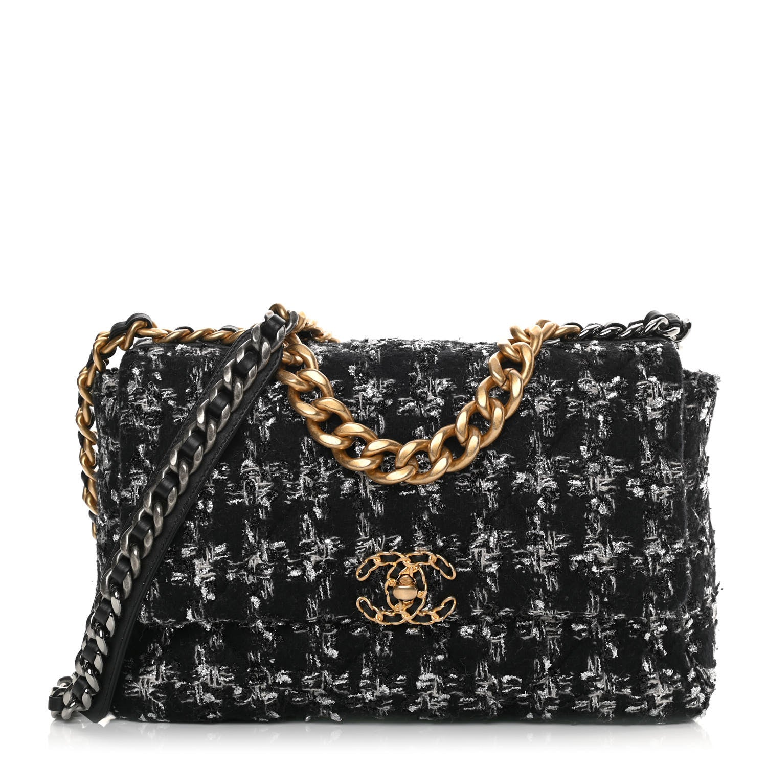 Chanel Tweed Quilted Large Chanel 19 Flap Black Ecru White 1 of 11