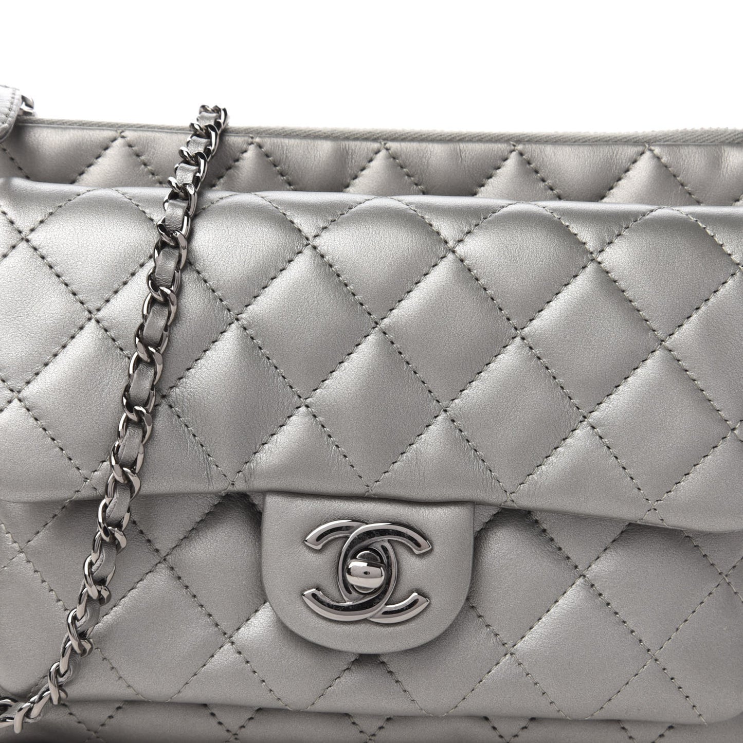 Metallic Calfskin Quilted Daily Zip Crossbody Silver