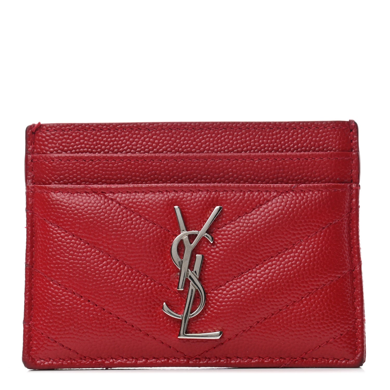 Saint Laurent Grain De Poudre Matelasse Chevron Monogram Credit Card Case New Red 1 of 7
