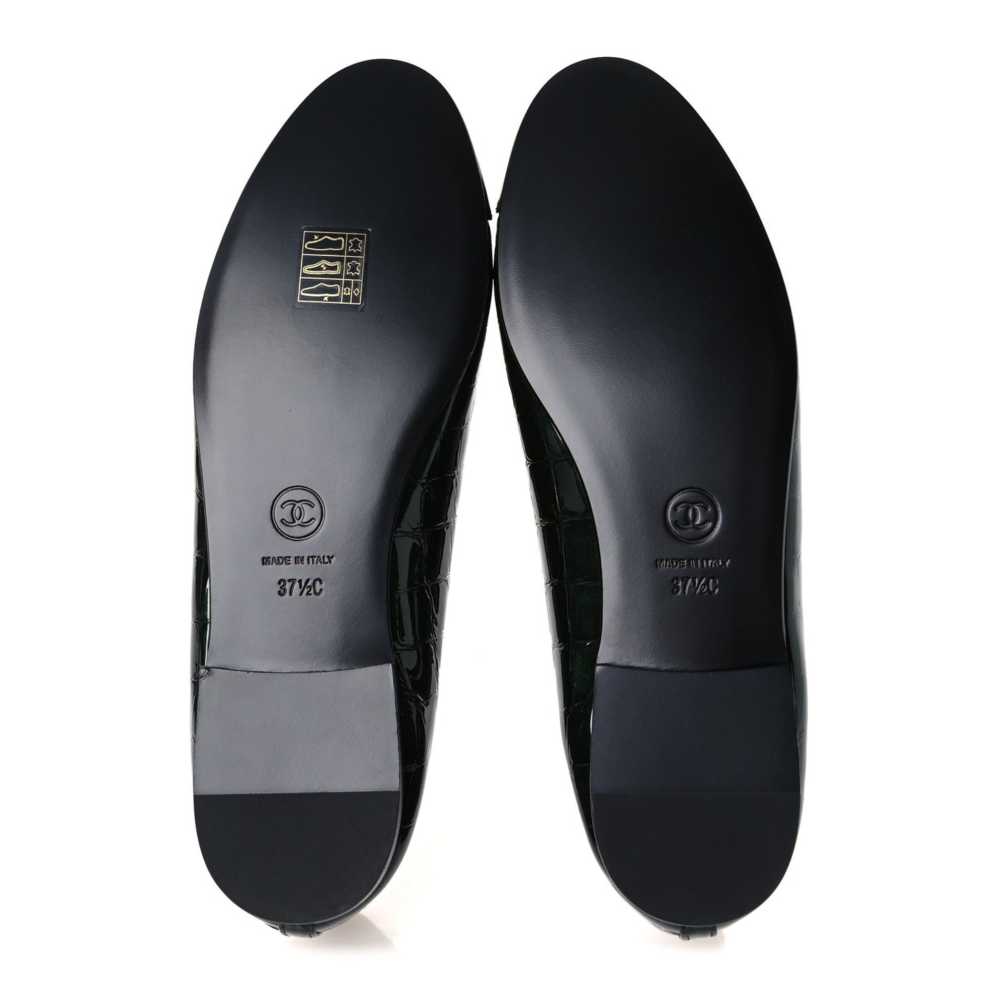 Crocodile Embossed Patent Calfskin Cap Toe CC Ballerina Flats 37.5 Dark Green Black