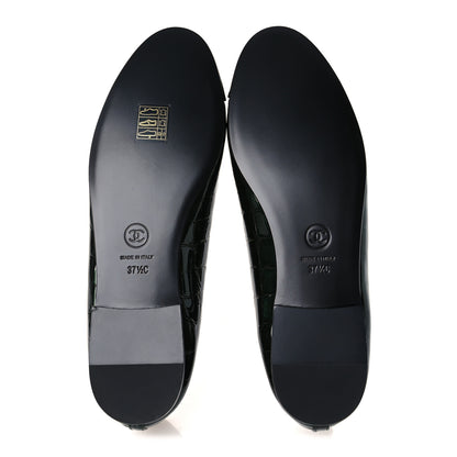 Chanel Crocodile Embossed Patent Calfskin Cap Toe CC Ballerina Flats 37.5 Dark Green Black 7 of 11