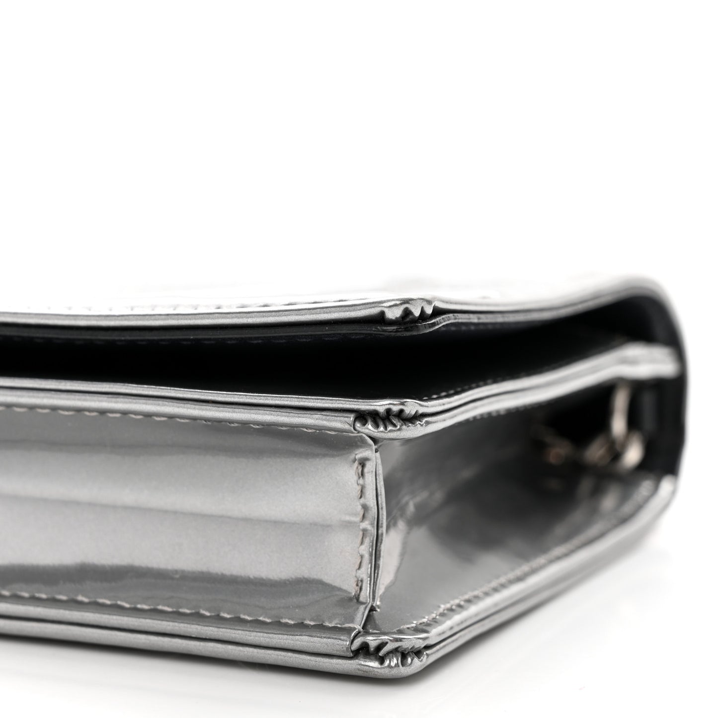 Metallic Patent Micro-Cannage Diorama Wallet on Chain Pouch Silver