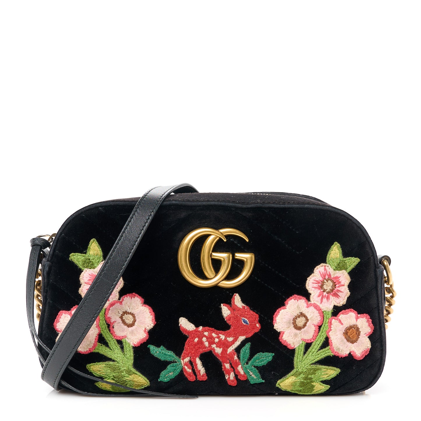 Velvet Matelasse Deer Embroidered Small GG Marmont Chain Shoulder Bag Black