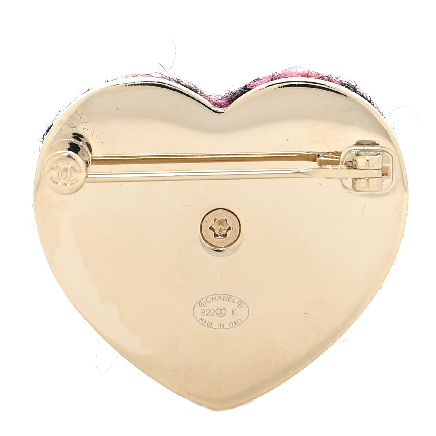 Tweed CC Heart Brooch Pink Black Gold