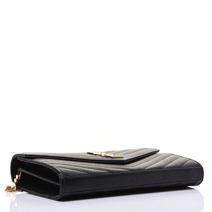 Saint Laurent Grain De Poudre Matelasse Chevron Monogram Chain Wallet Black 4 of 11