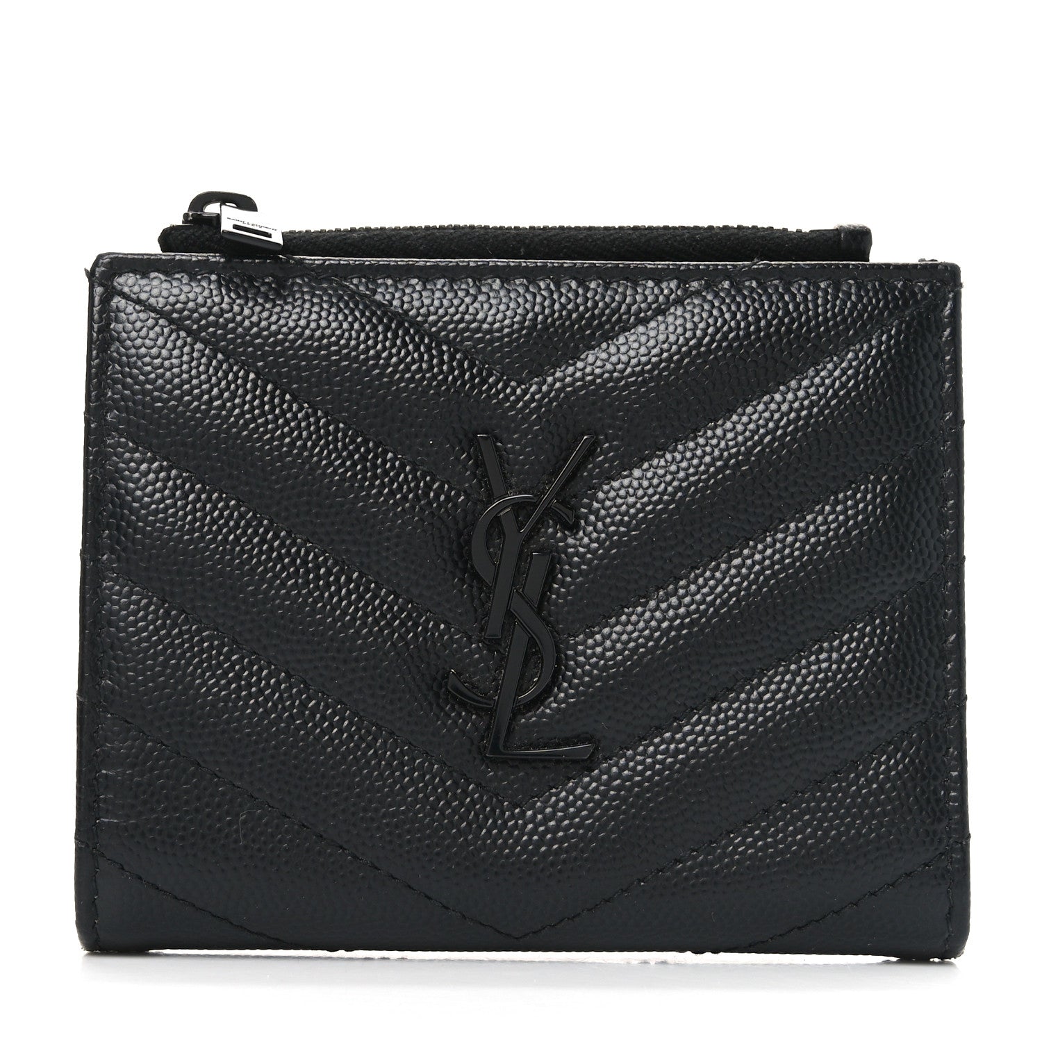 Saint Laurent Grain De Poudre Matelasse Chevron Monogram Zipped Card Case Black 1 of 8