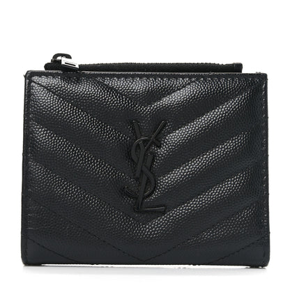 Saint Laurent Grain De Poudre Matelasse Chevron Monogram Zipped Card Case Black 1 of 8