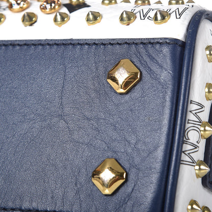 MCM Visetos Studded Mini Boston Bag White Navy 12 of 13