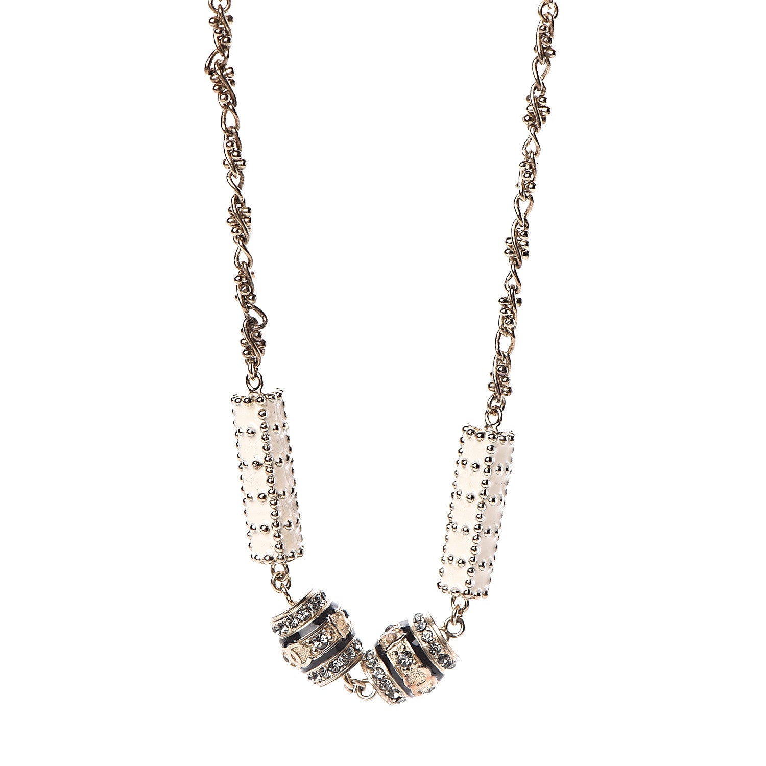 Chanel Resin Crystal Studded CC Station Necklace White Gold 4 of 8