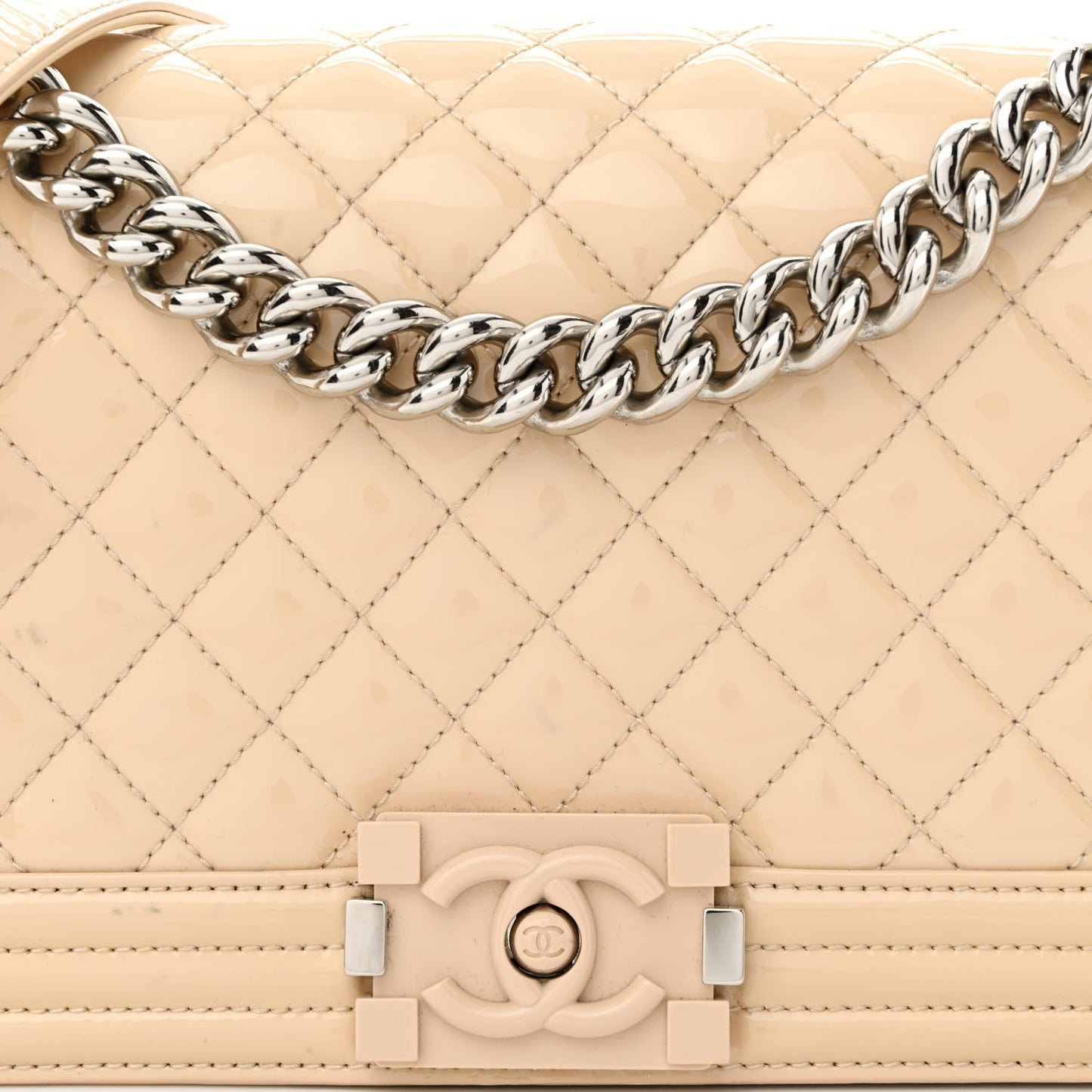Patent Calfskin Quilted Medium Plexiglass Boy Flap Beige