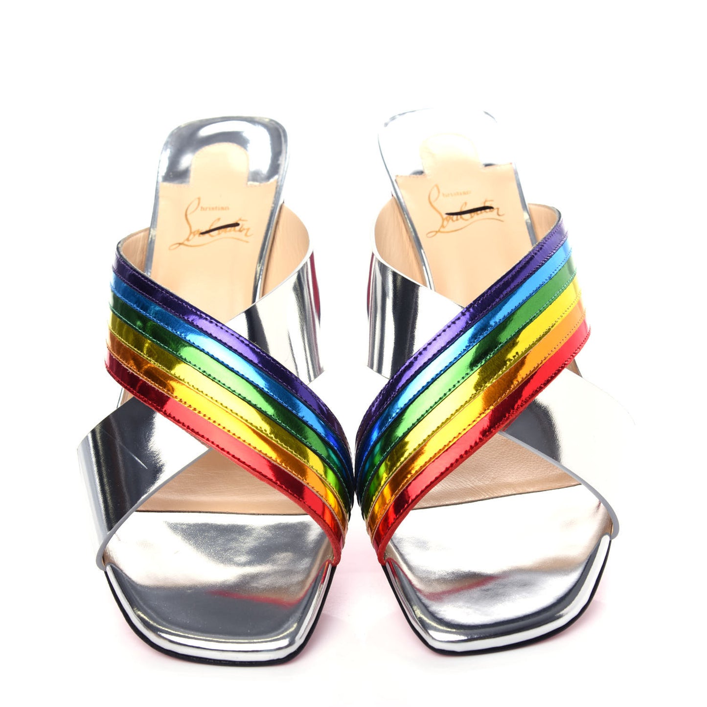 Metallic Calfskin Rainbow Arkenmule 55 Slide Sandals 39.5 Silver Multicolor