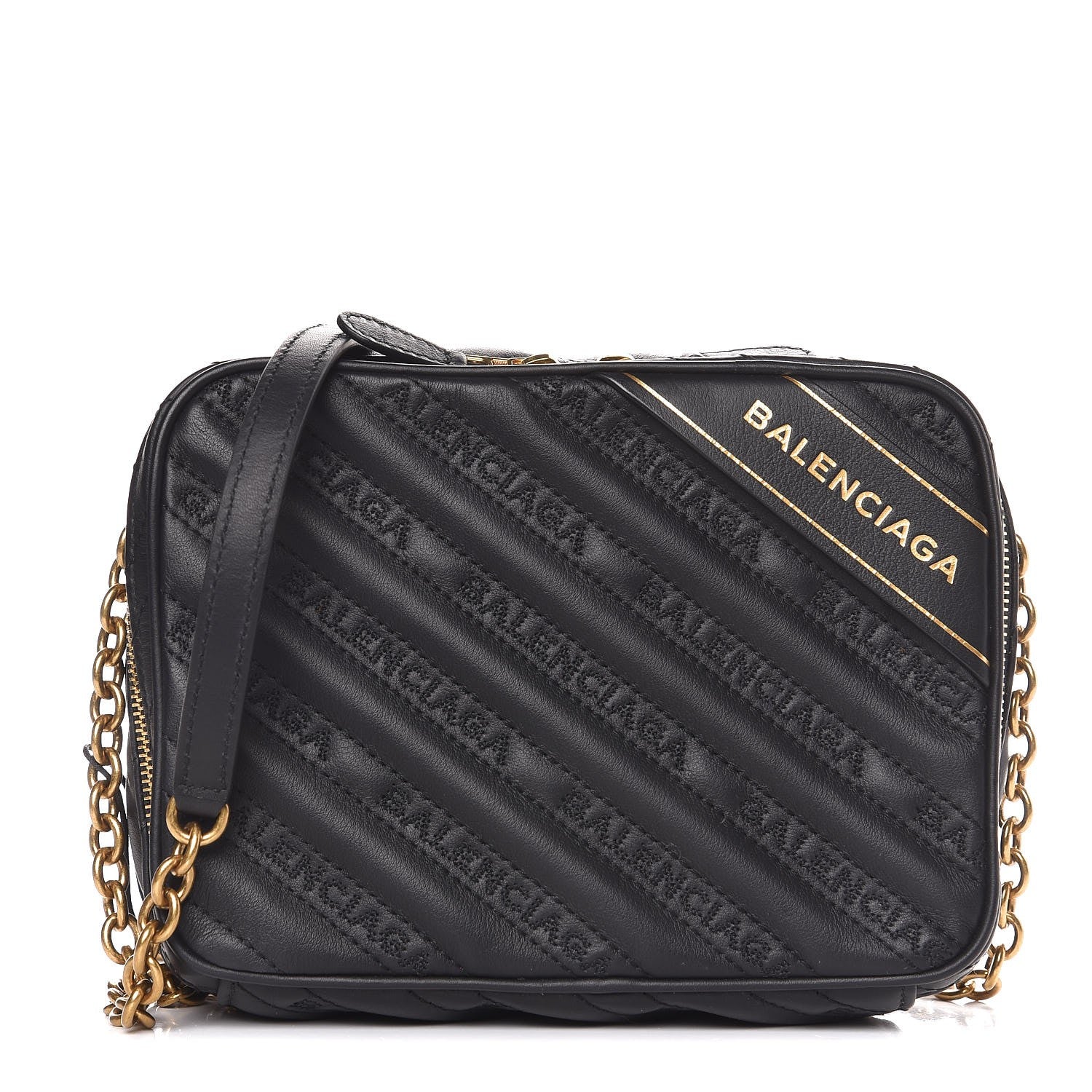 Balenciaga Calfskin Logo Matelasse Chain Strap Blanket Reporter XS Black 1 of 9