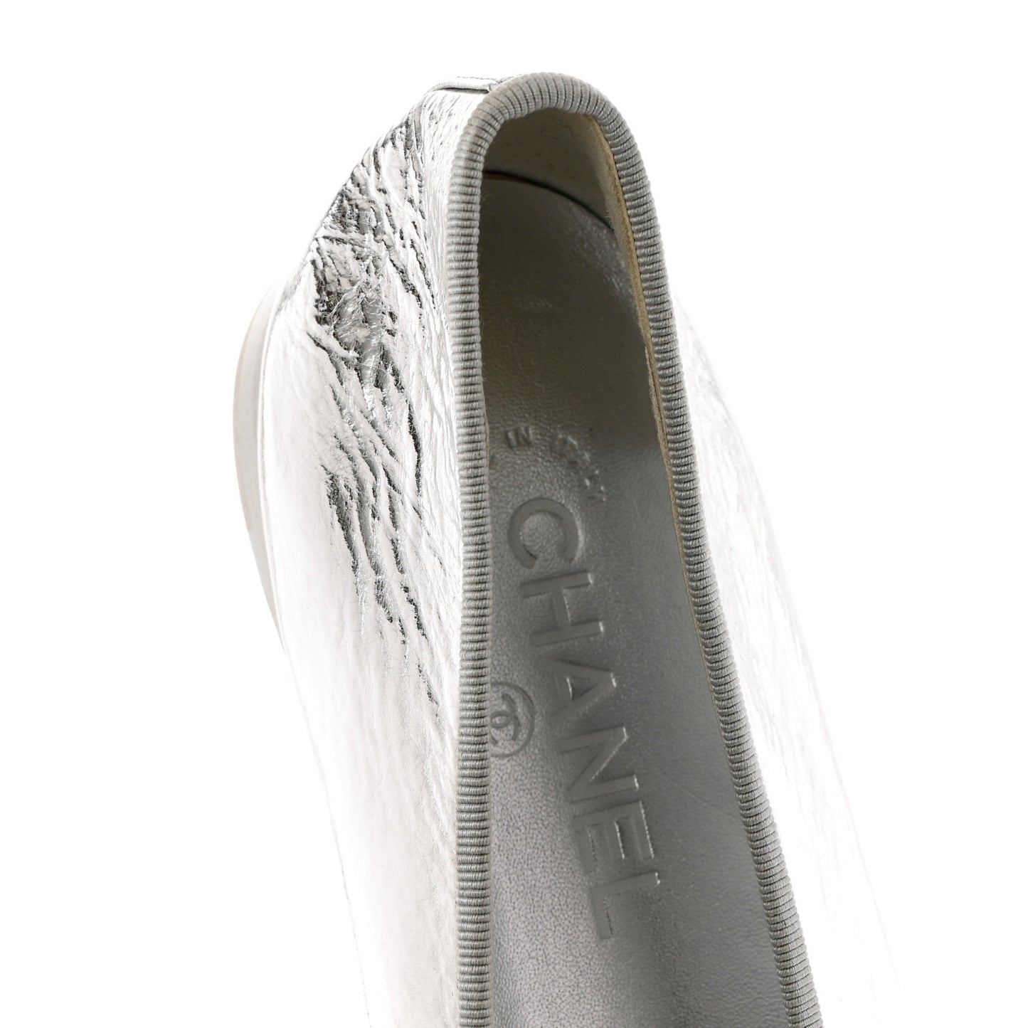 Metallic Aged Calfskin Cap Toe CC Ballerina Flats 40.5 Silver