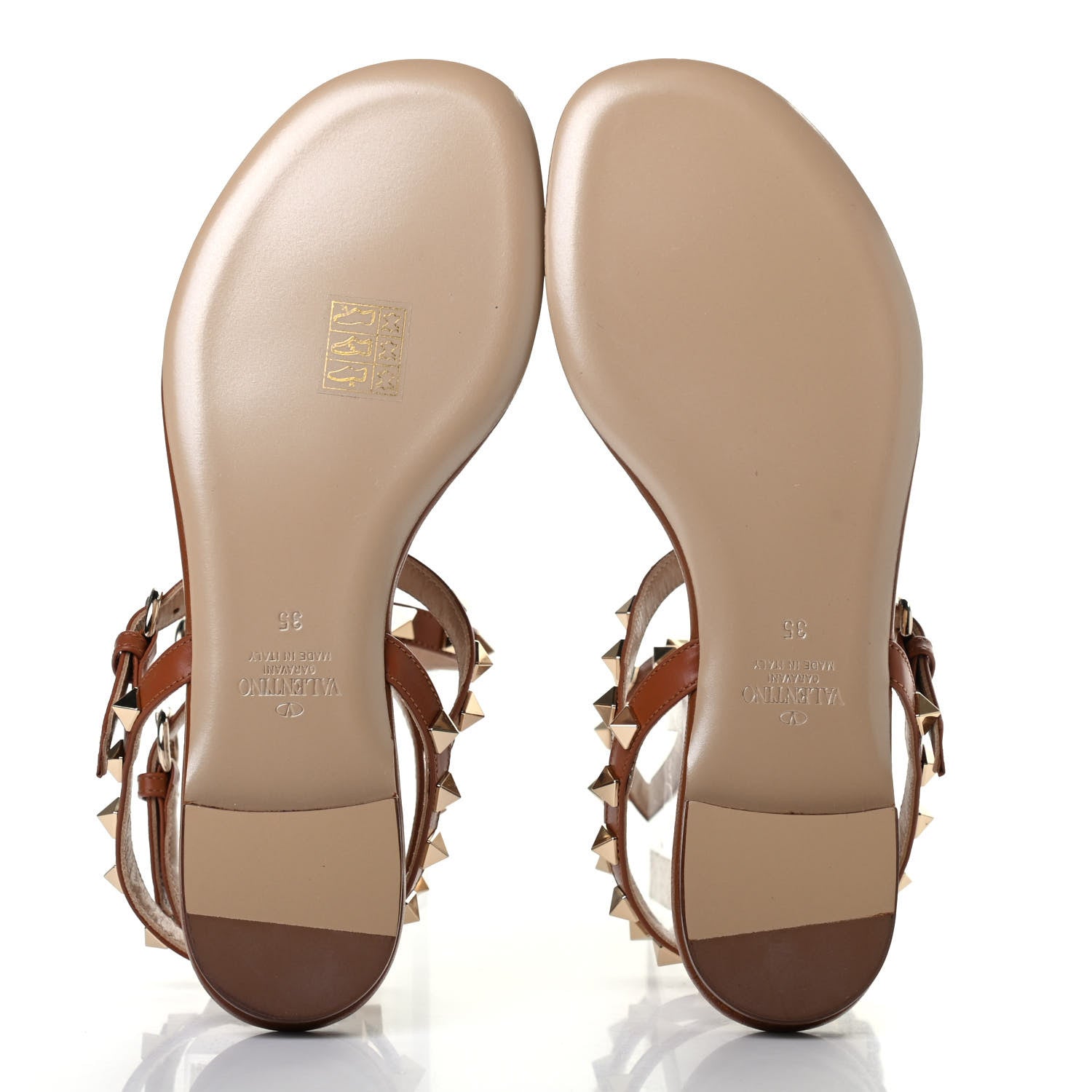 Valentino Garavani Calfskin Rockstud Ankle Wrap Flat Thong Sandals 35 Saddle Brown 4 of 4