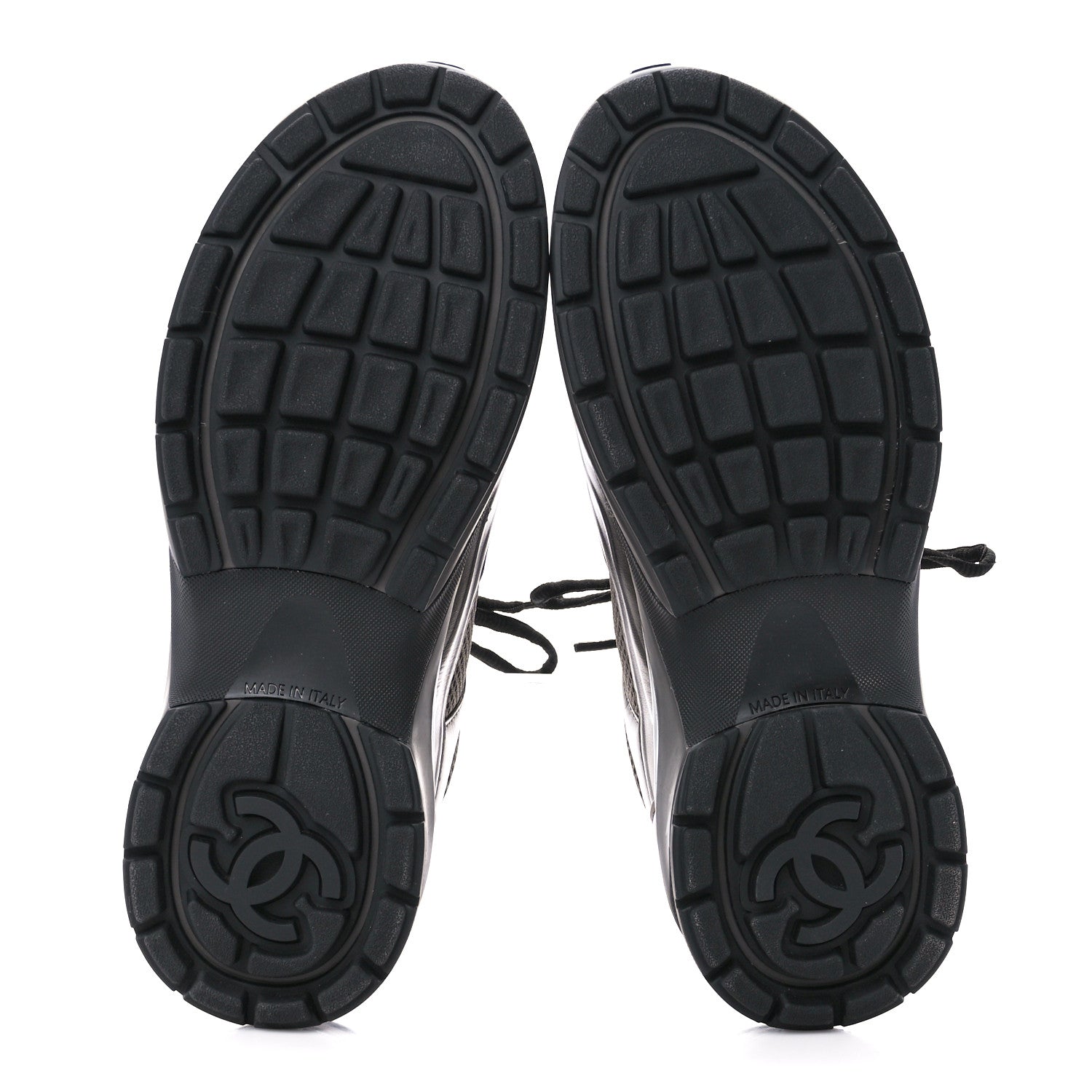 Chanel Fabric Laminated Calfskin Stretch CC Womens Sneakers 38.5 Khaki Silver Dark Purple 5 of 9