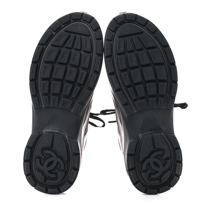 Chanel Fabric Laminated Calfskin Stretch CC Womens Sneakers 38.5 Khaki Silver Dark Purple 5 of 9