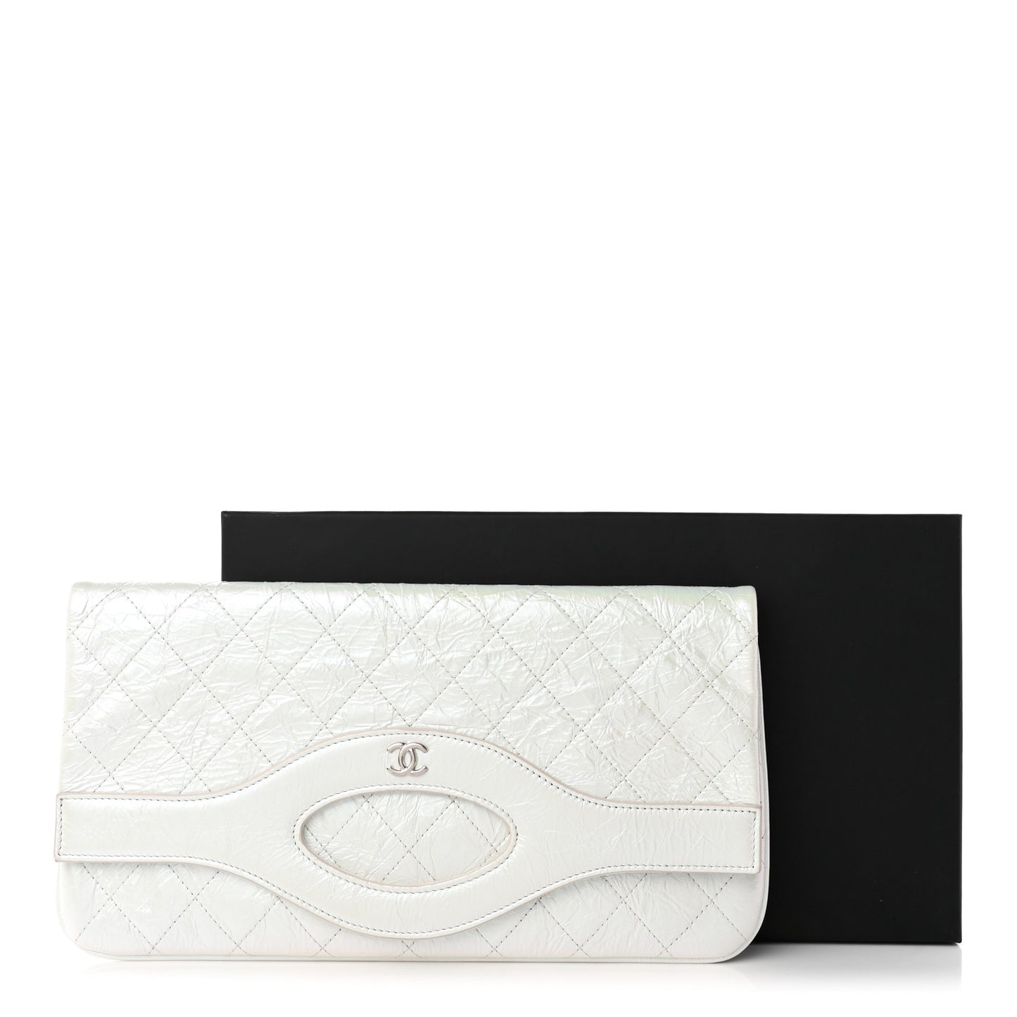 Iridescent Aged Calfskin Quilted Large 31 Pouch White